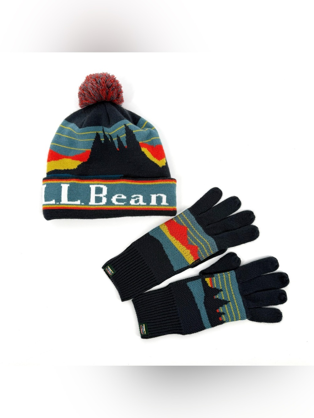 LL Bean Knit Hat Glove Set Womens Small Medium Mountain Logo Pom Pom Outdoor